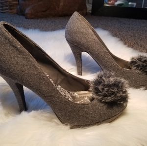 Grey pom pom heels